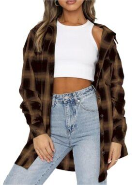 Women's Oversized Buffalo Plaid Flannel Shirt Long Sleeve Button Down Casual